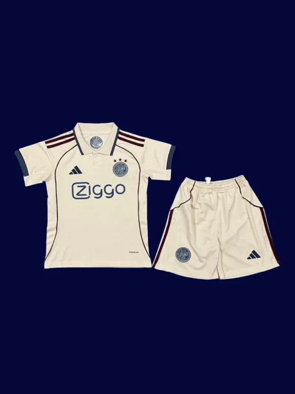 Ajax 25/26 third white kids kit fans version front, youth white set