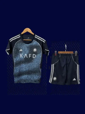 Al Nassr 25/26 away kids fans kit front, youth supporter blue set