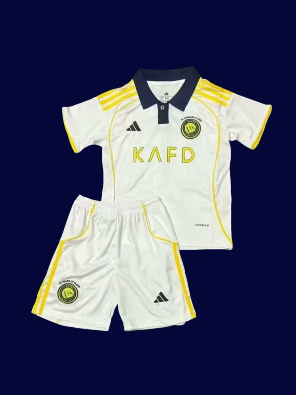 Al Nassr 25/26 third white kids fans kit front, youth supporter set