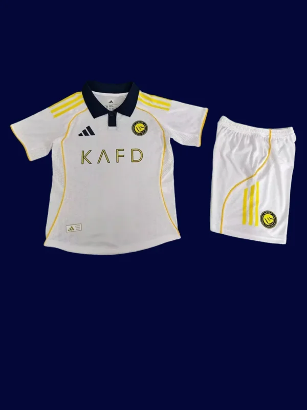 Al Nassr 25/26 third white kids player kit front, youth pro white set