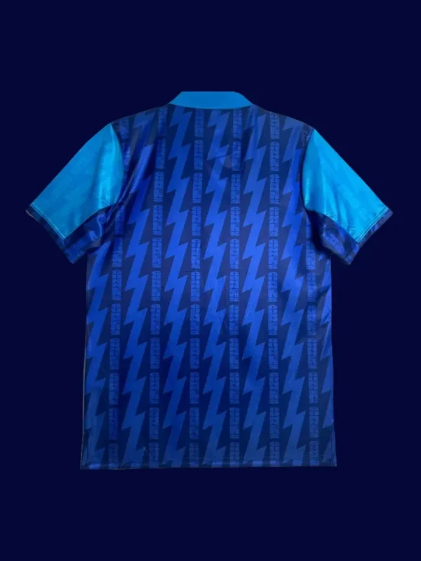 back view of blue away retro football jersey (94/95) showing plain back and number-ready area.