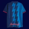 back view of blue away retro football jersey (95/96) showing reinforced number area and plain back.