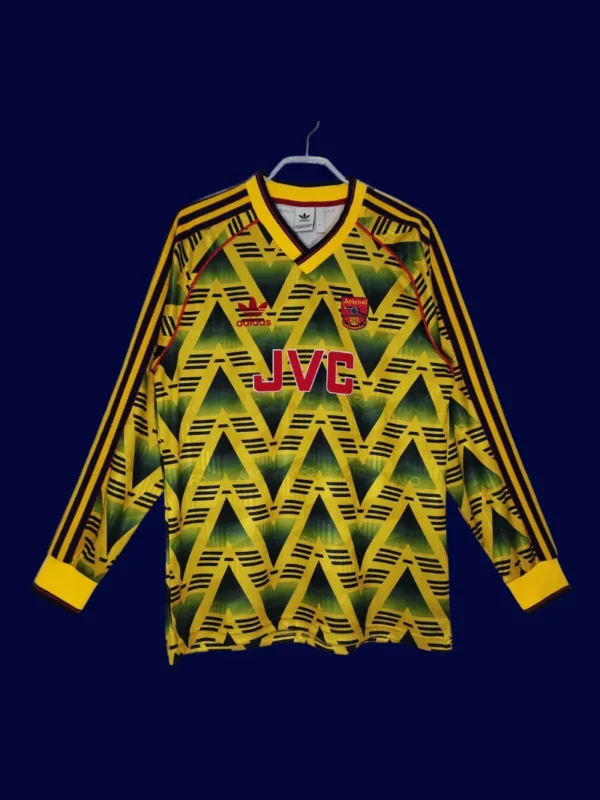 front view of long sleeve away retro football jersey (91/93) with authentic vintage cuffs.