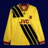 front view of long sleeve yellow away retro football jersey (93/94) with classic cuffs and trim.