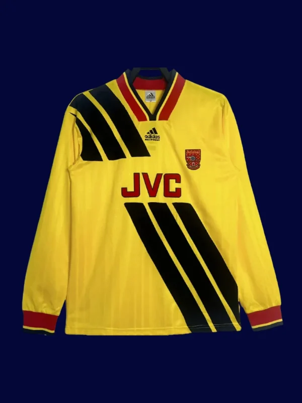 front view of long sleeve yellow away retro football jersey (93/94) with classic cuffs and trim.