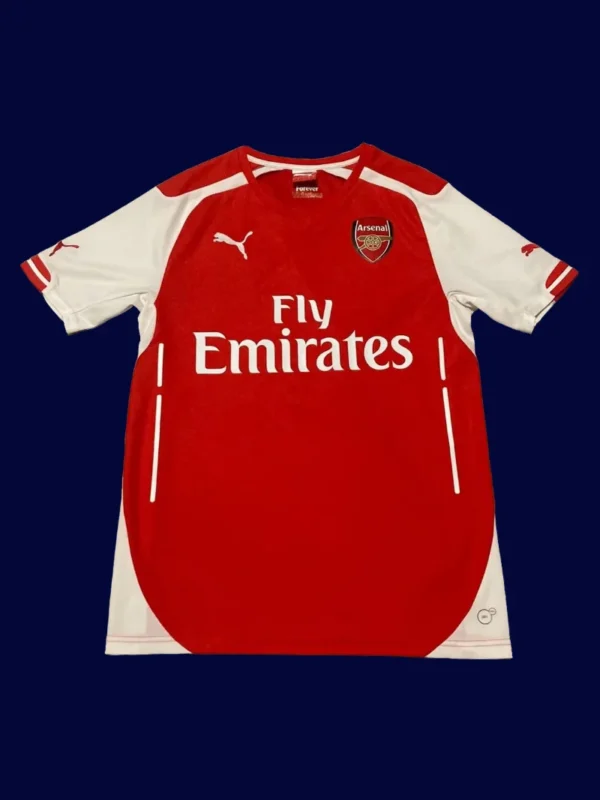 front view of red home retro football jersey (14/15) with modern tailoring and retro touches.