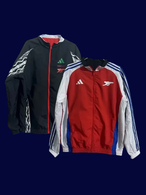 front view of reversible windbreaker with bold pattern one side and plain reverse (24/25).