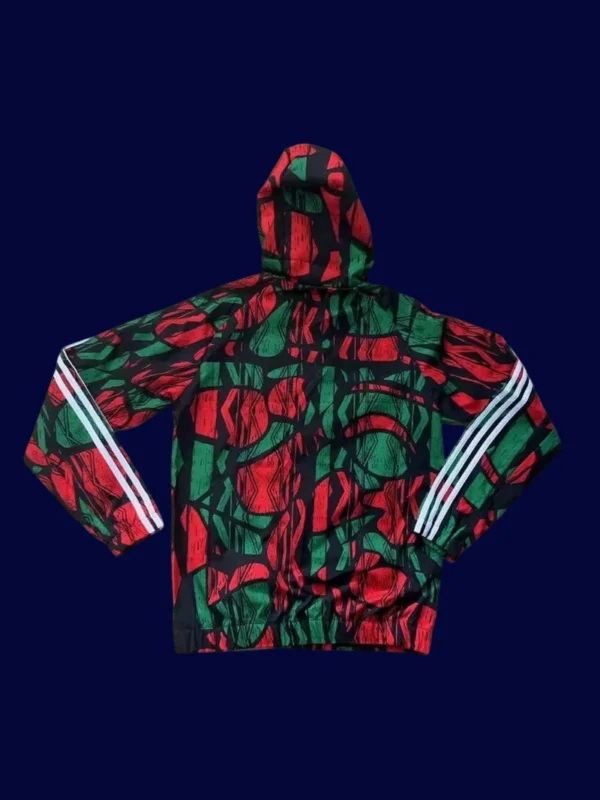 back view of branded windbreaker (24/25) showing hood and back venting.