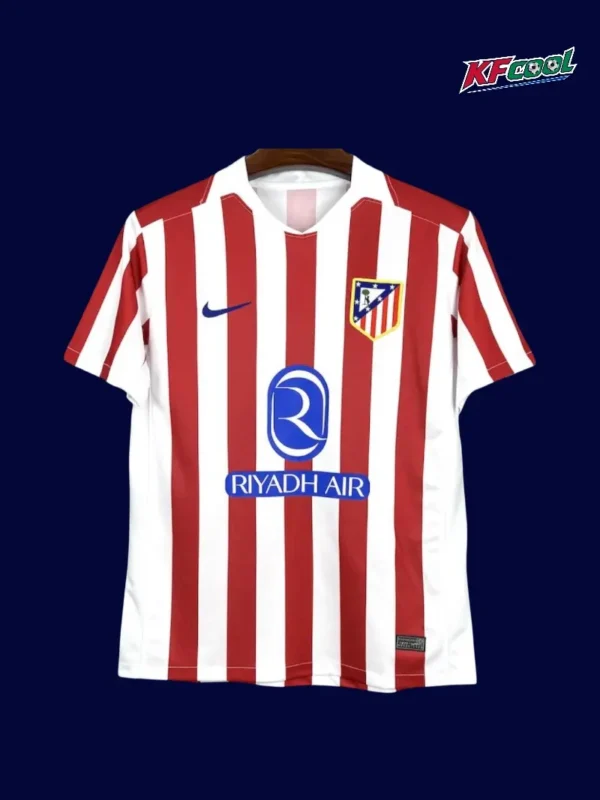 Atlético Madrid 25 26 home fans jersey front with red and white stripes and official club crest