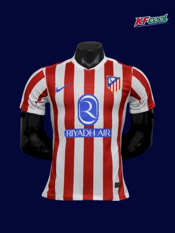 Atlético Madrid 25 26 player home jersey front with performance fabric and sponsor branding