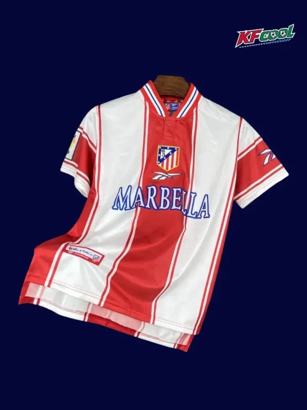 Atlético Madrid Home Retro Jersey 199900A - KFCool – Football Jerseys & Soccer Kits Store Atlético Madrid 1999 00 home retro jersey front with era specific red white stripes