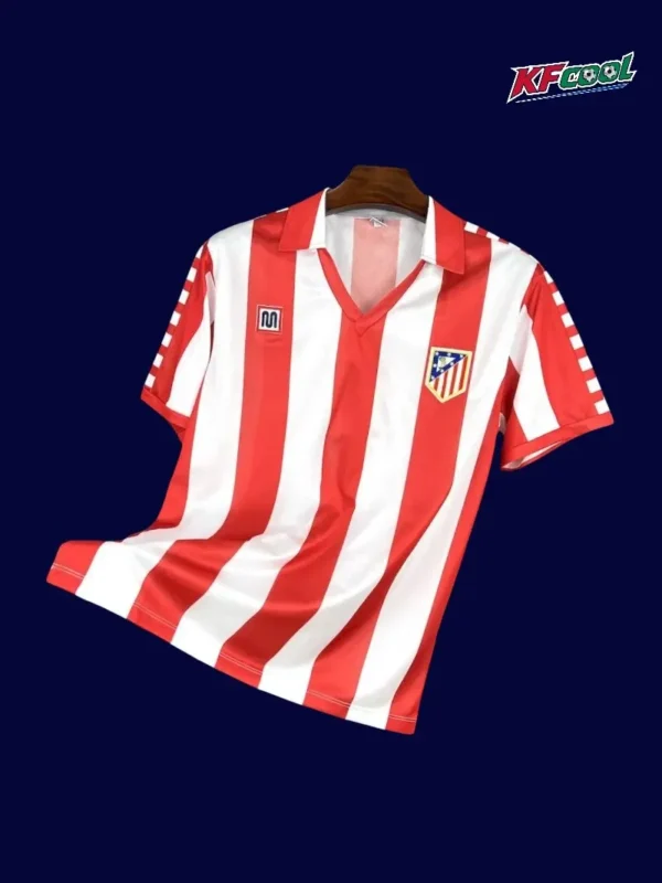 Atlético Madrid 1982 83 retro jersey front with vintage stripes and historic crest