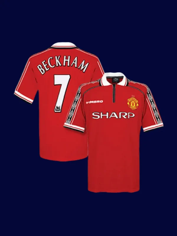Beckham #7 Manchester United Home Retro Jersey 9899A - kfcool.com front view of Beckham #7 Manchester United home retro jersey (98/99) in red.