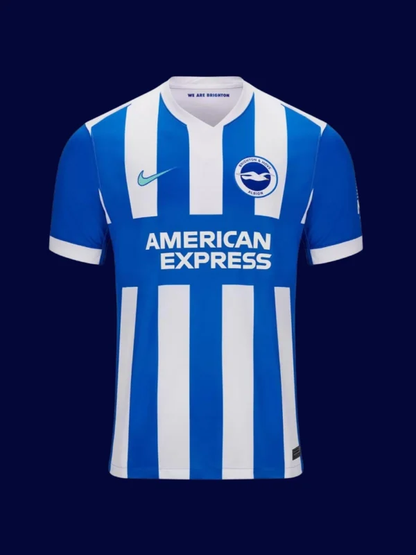 Brighton Home Jersey 25/26 Fans Version front with classic blue-and-white stripes and crest.