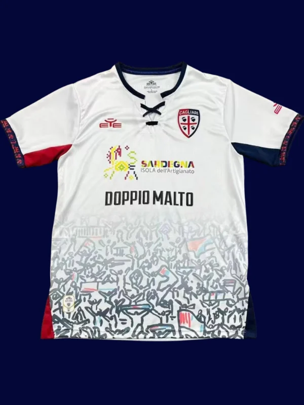 Cagliari Away Jersey 2526 Fans Version1 - KFCool – Football Jerseys & Soccer Kits Store Cagliari Away Jersey 25/26 Fans Version front with away design and club badge.