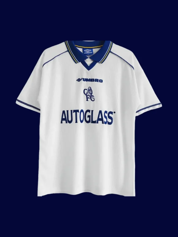 Chelsea Away White Retro Jersey 9800A - kfcool.com front view of Chelsea away white retro jersey (98/00) with vintage collar and sleeves.