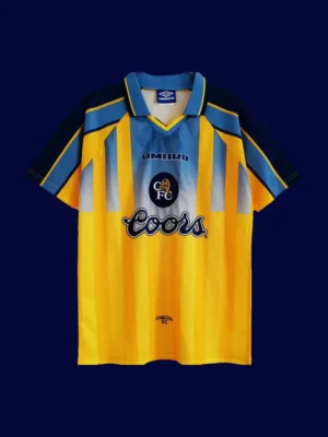 Chelsea Away Yellow Retro Jersey 9597A front view of Chelsea away yellow retro jersey (95/97) with vintage collar.