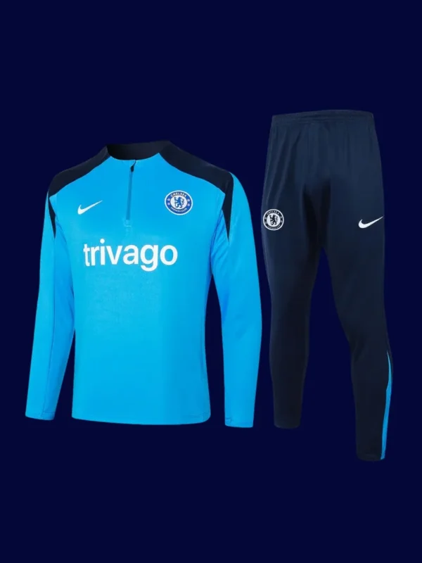 Chelsea Blue Tracksuit 2425A - kfcool.com front view of Chelsea blue tracksuit (24/25) with zip-up jacket and elastic cuffs.