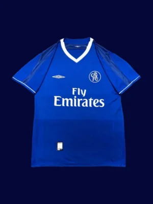 front view of Chelsea home blue retro jersey (03/05) with traditional crew neck.