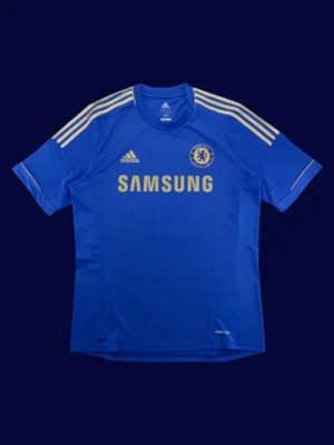 front view of Chelsea home blue retro jersey (12/13) with classic crew neck.