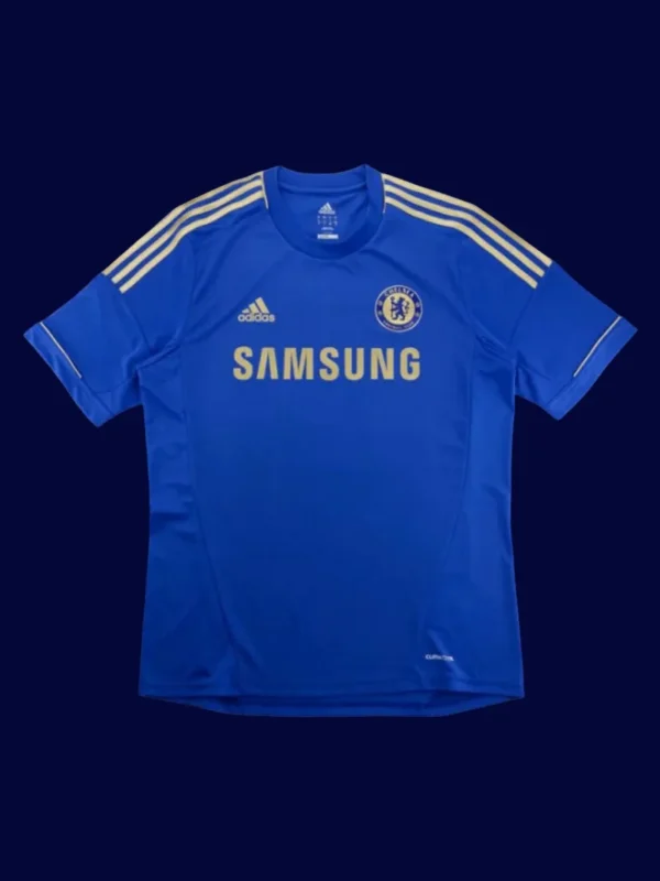 front view of Chelsea home blue retro jersey (12/13) with classic crew neck.