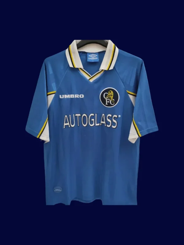 Chelsea Home Blue Retro Jersey 9799A - KFCool – Football Jerseys & Soccer Kits Store front view of Chelsea home blue retro jersey (97/99) with classic trims.
