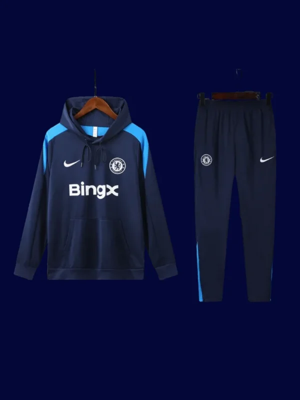 front view of Chelsea royal blue hoodie tracksuit (24/25) with drawstring hood.