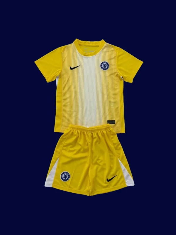 front view of Chelsea yellow goalkeeper kids kit (25/26) with classic fit and bright yellow design.