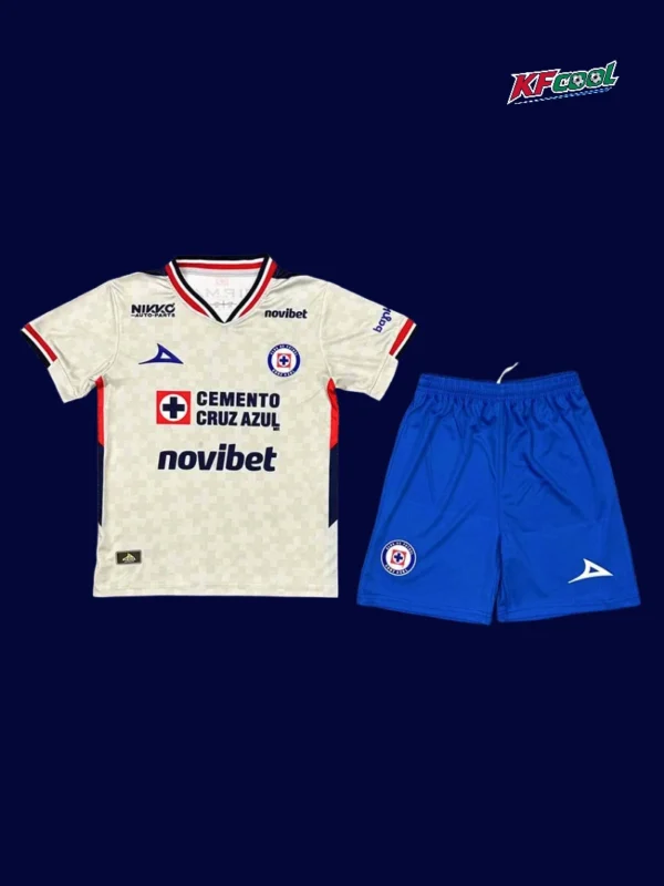 Cruz Azul away white kids kits 25/26 front white blue design