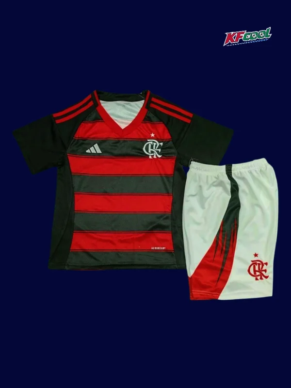 Flamengo Home Kids kits 2526A - KFCool – Football Jerseys & Soccer Kits Store Flamengo home kids kits 25/26 front red black stripes