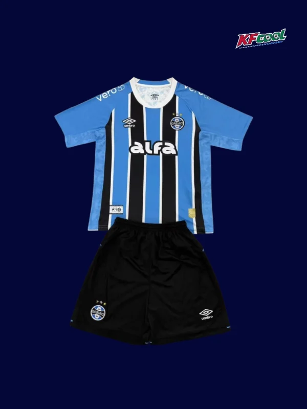 Gremio home kids kits 25/26 front blue black white stripes