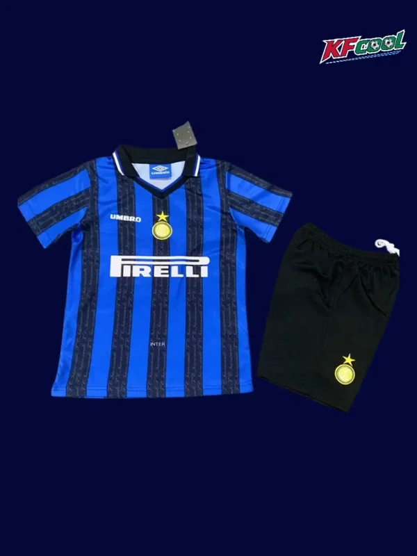 Inter Milan Home Classic Retro Kids kits 199798A - kfcool.com Inter Milan 1997 98 kids home retro jersey front with child sizing and classic stripes