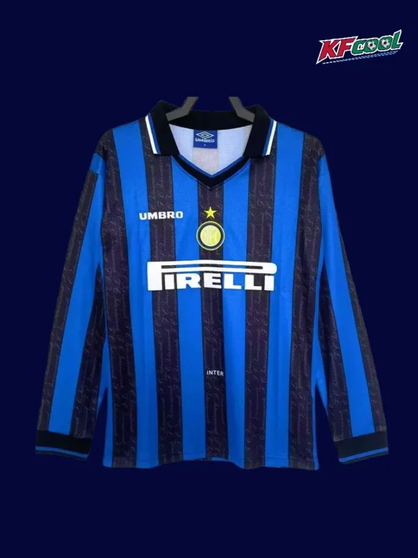 Inter Milan 1997 98 home classic retro long sleeve jersey front with iconic black blue stripes