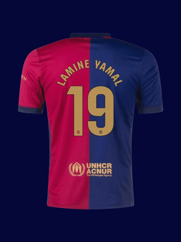 Lamine Yamal Barcelona home Spotify Logo jersey back 24/25 with #19, breathable high-quality design.