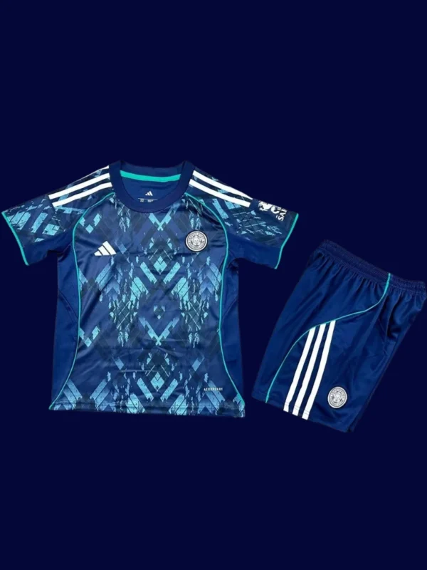 Leicester City Away Jersey Kids kits 2526A - KFCool – Football Jerseys & Soccer Kits Store Leicester City Away Kids Kits 25/26 front with away colors and mini crest.