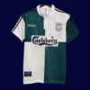 front view of Liverpool away green retro jersey (95/96) with vintage style.