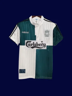 Liverpool Away Green Retro Jersey 9596A front view of Liverpool away green retro jersey (95/96) with vintage style.