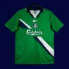 front view of Liverpool away green retro jersey (99/00) with vintage styling.