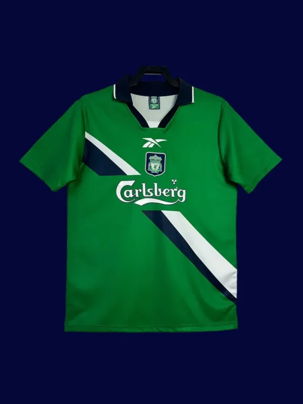 front view of Liverpool away green retro jersey (99/00) with vintage styling.