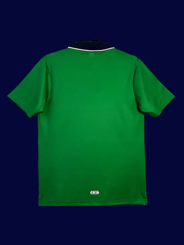back view of Liverpool away green retro jersey (99/00) showing reinforced back panel.