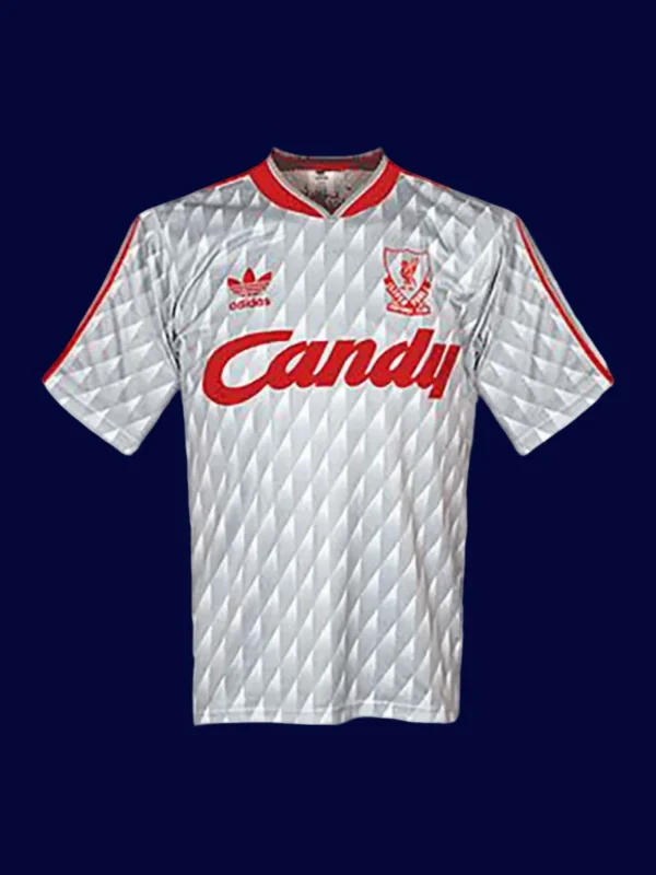front view of Liverpool away retro jersey (89/91) in white with vintage trims.