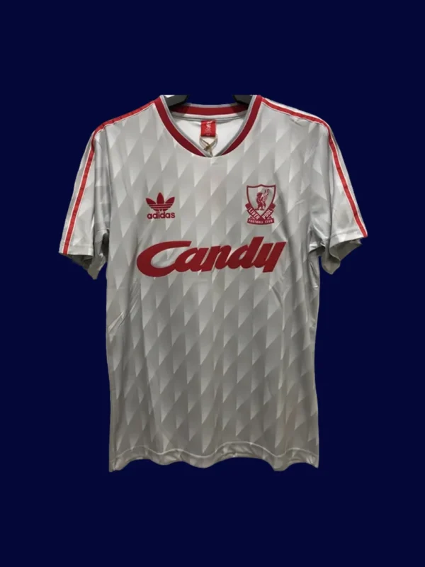 front view of Liverpool away retro jersey (89/91) in white with vintage trims.