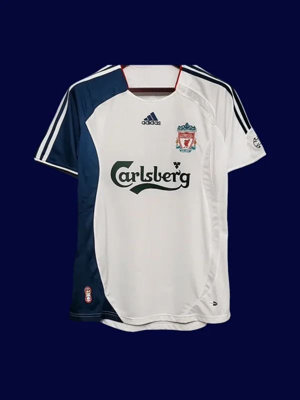 front view of Liverpool away white retro jersey (06/07) with classic fit.