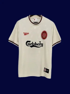 front view of Liverpool away white retro jersey (96/97) with traditional collar.