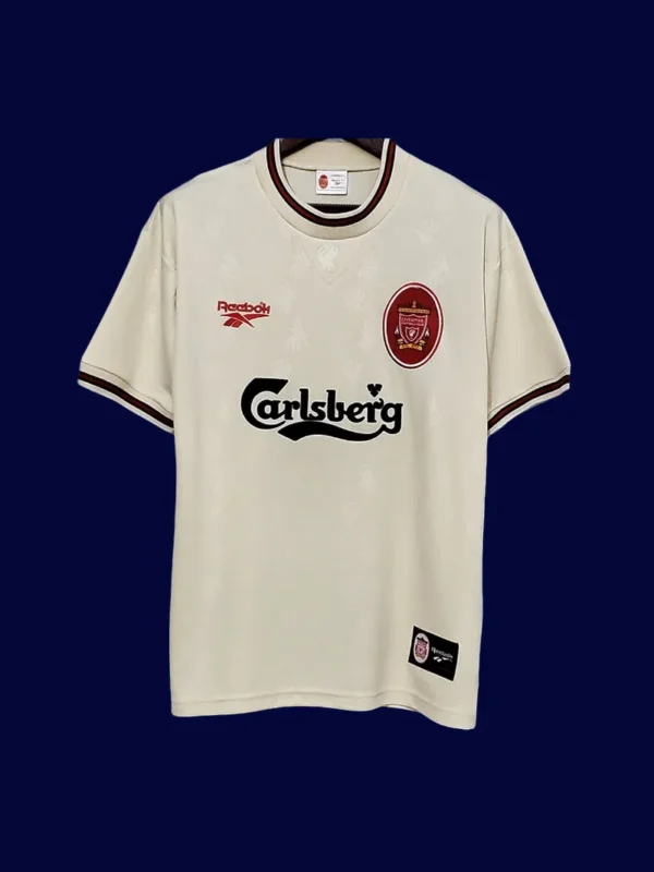 front view of Liverpool away white retro jersey (96/97) with traditional collar.