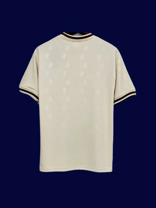 back view of Liverpool away white retro jersey (96/97) showing number-ready back panel.