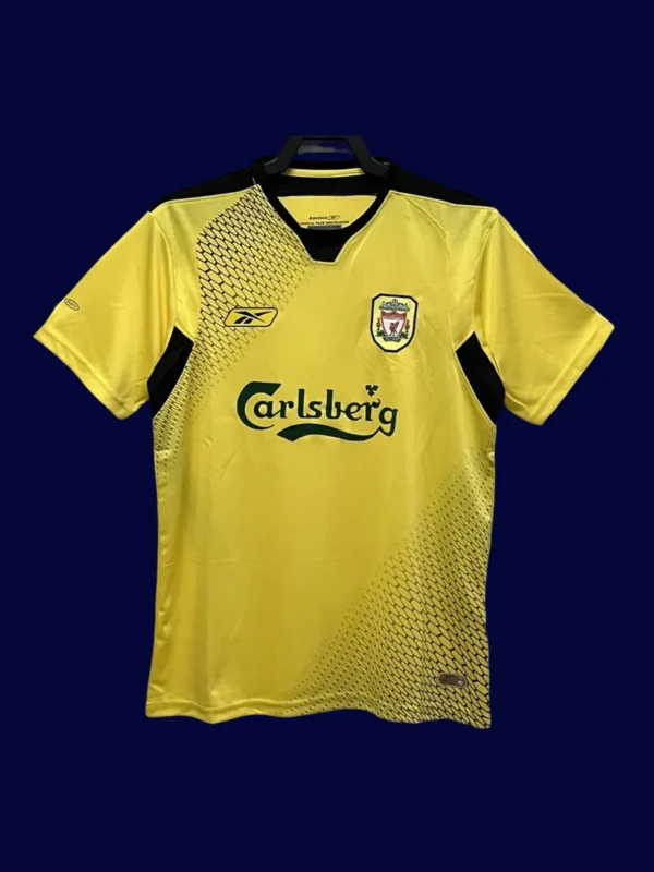 Liverpool Away Yellow Retro Jersey 0405A - KFCool – Football Jerseys & Soccer Kits Store front view of Liverpool away yellow retro jersey (04/05) with vintage collar.