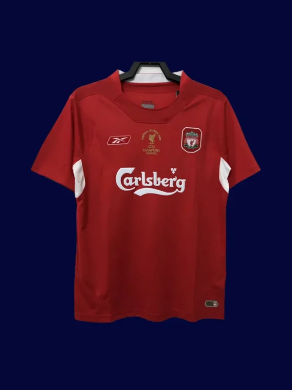 front view of Liverpool home red retro jersey (04/05) with modern retro trims.