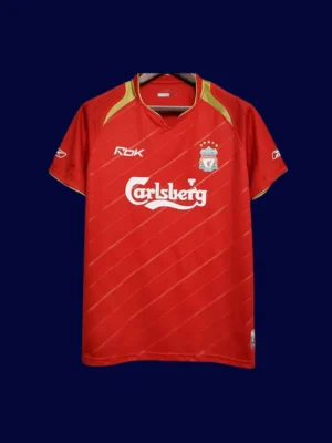 Liverpool Home Red Retro Jersey 0506A front view of Liverpool home red retro jersey (05/06) with modern trims.