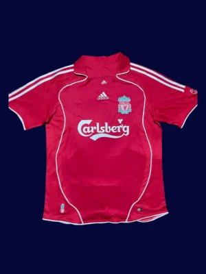 Liverpool Home Red Retro Jersey 0608A front view of Liverpool home red retro jersey (06/08) with crew neck.